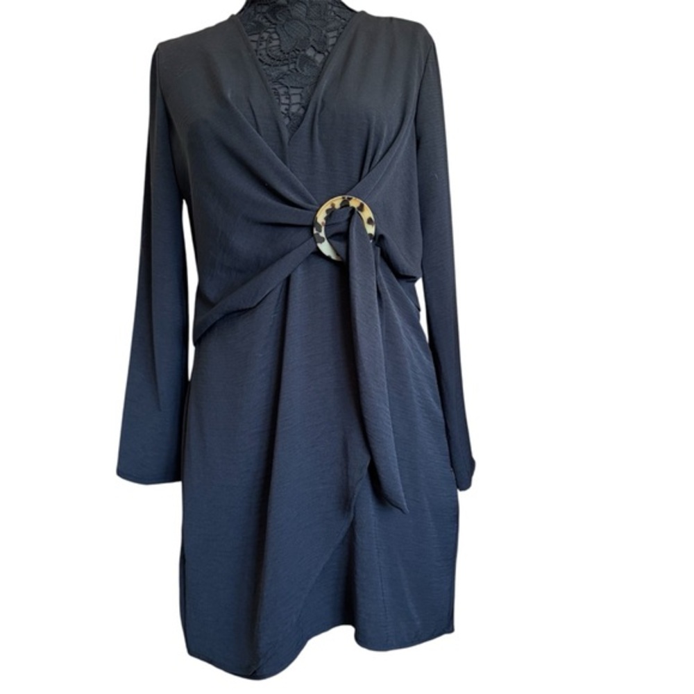 Topshop Black Faux Wrap Fitted V-Neck Long Sleeve Mini Dress Size 10